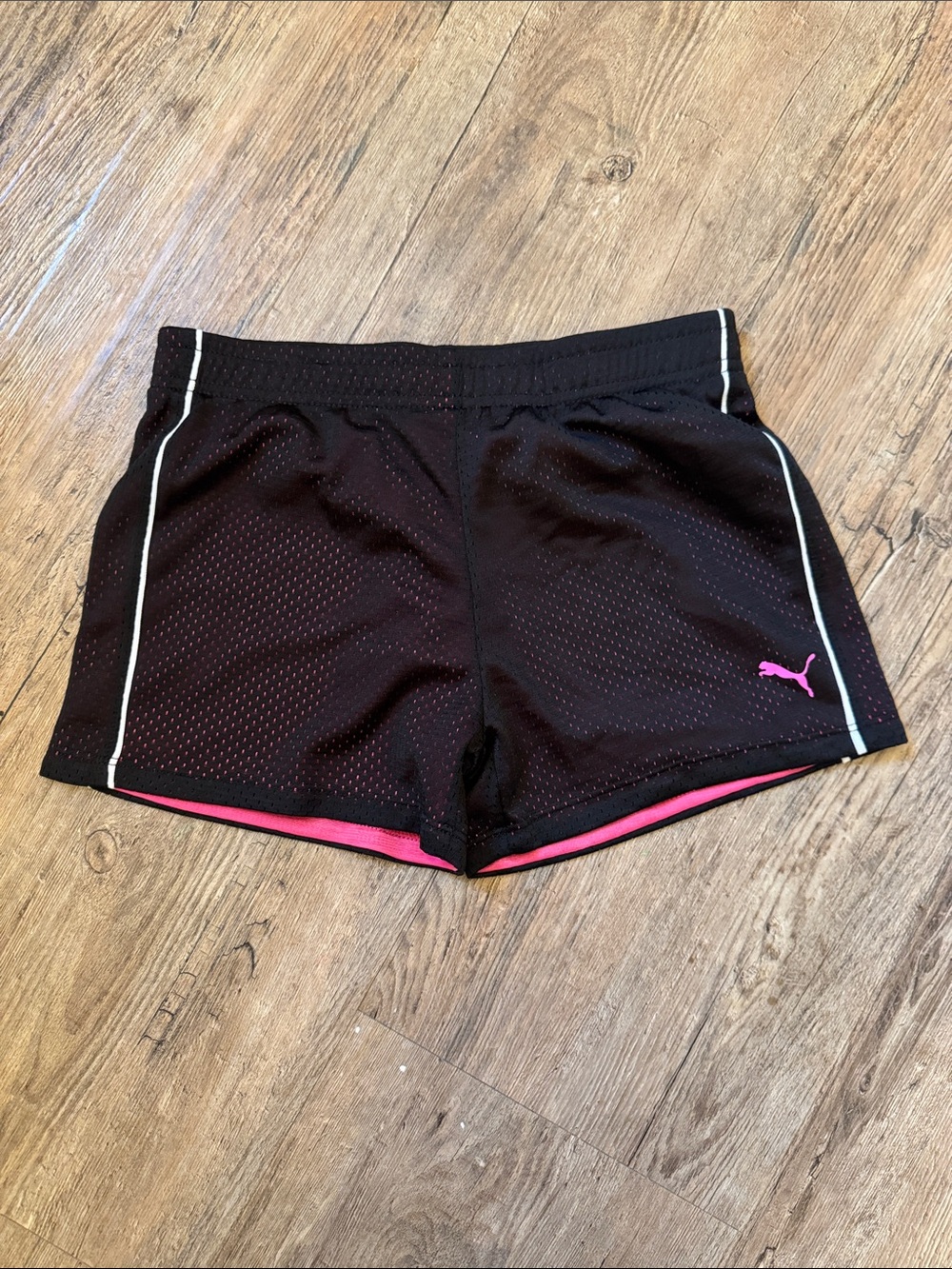 Puma Black Mesh Athletic Shorts with Pink Accents and White Piping